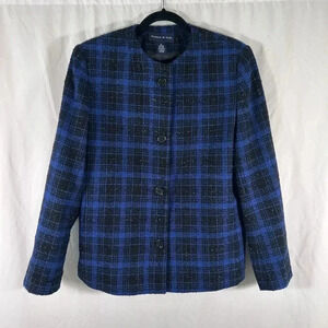 Preston & York Jacket Womens 14 Blue Black Plaid Button Up Wool Bl Shoulder Pads